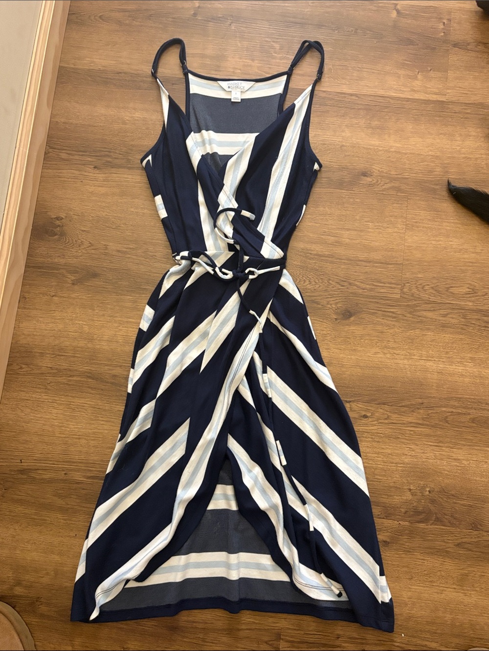 Market & Spruce Navy and White Striped Wrap Midi Dress